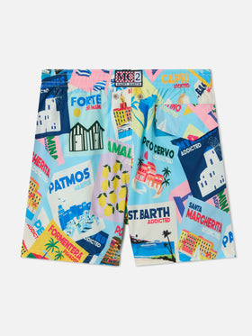 Jean Lighting swim shorts with Postcards all-over print