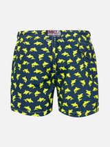 Boy light fabric swim shorts with fluo sharks print