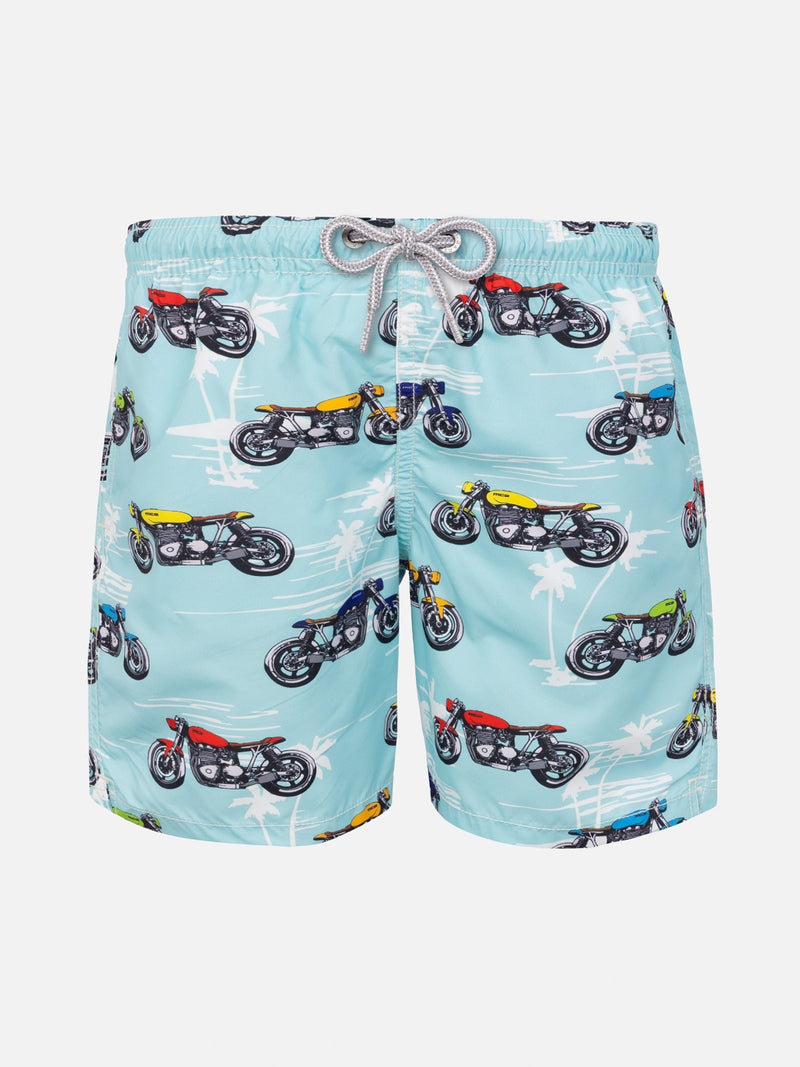 Boy light fabric swim shorts with motorbike print