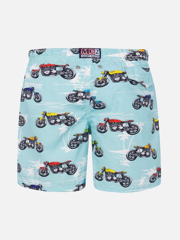 Boy light fabric swim shorts with motorbike print