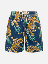 Boy lightweight fabric swim-shorts Jean Lighting with tropical print