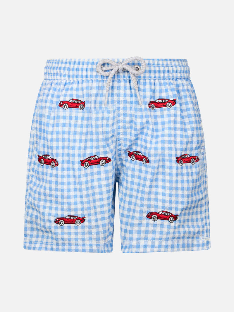 Boy seersucker swim-shorts Jean with cars embroidery
