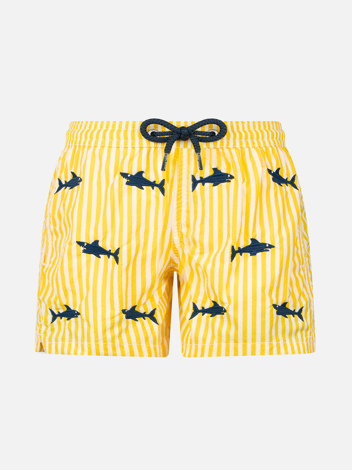 Boy seersucker swim-shorts Jean with sharks embroidery - MC2 Saint Barth