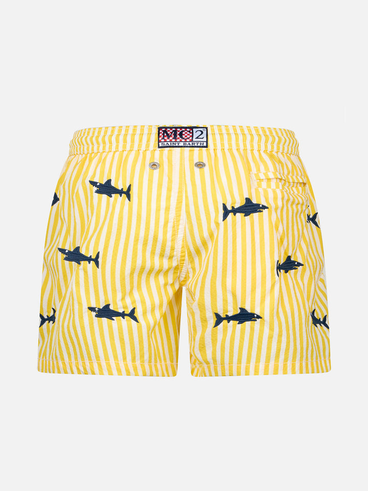Boy seersucker swim-shorts Jean with sharks embroidery - MC2 Saint Barth