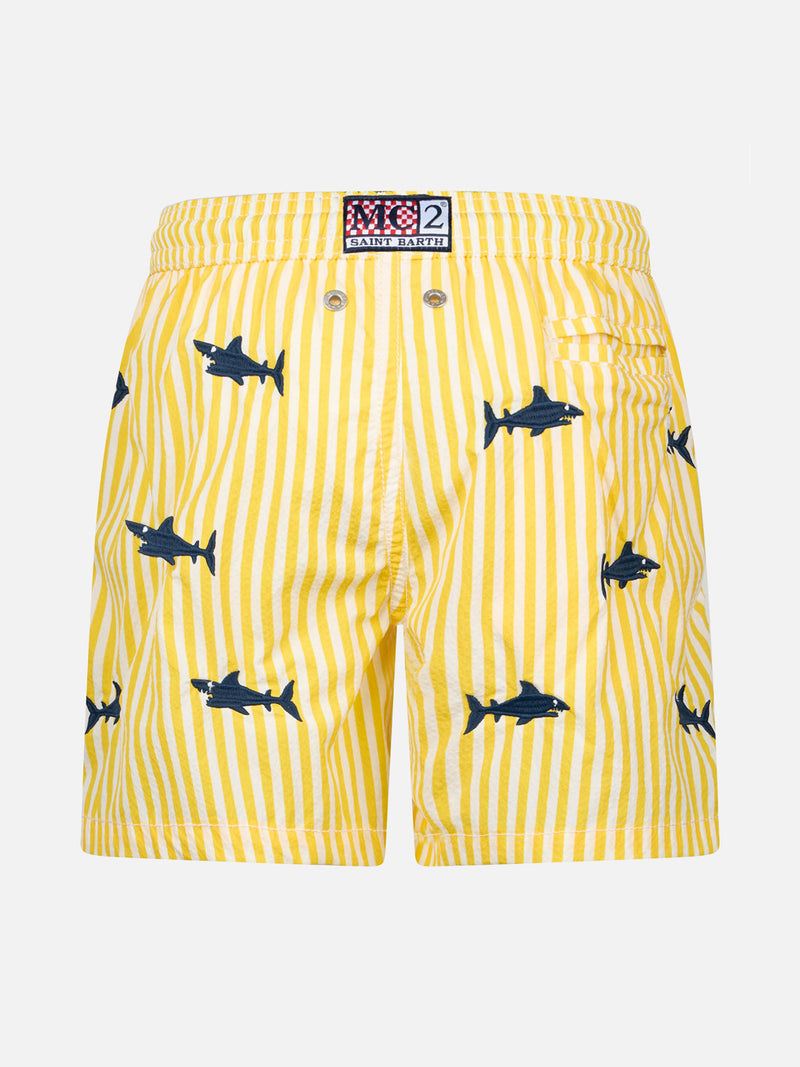 Boy seersucker swim-shorts Jean with sharks embroidery