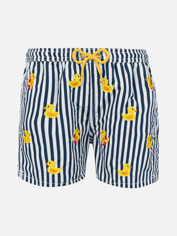 Boy striped swim shorts with embroidered ducks