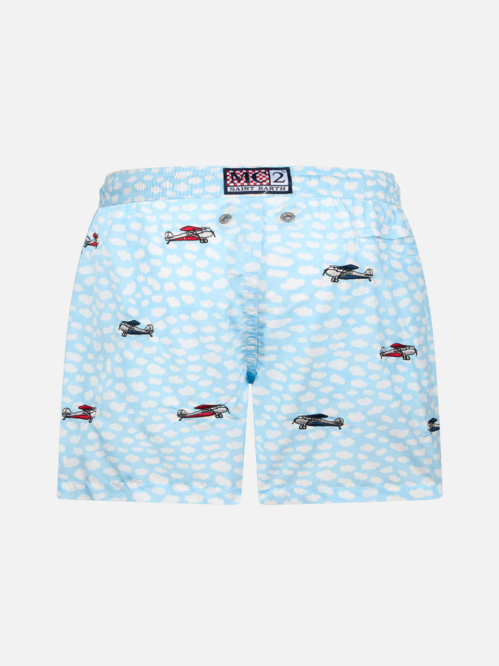 Boy lightweight fabric swim-shorts Jean Lighting with airplanes embroidery - MC2 Saint Barth