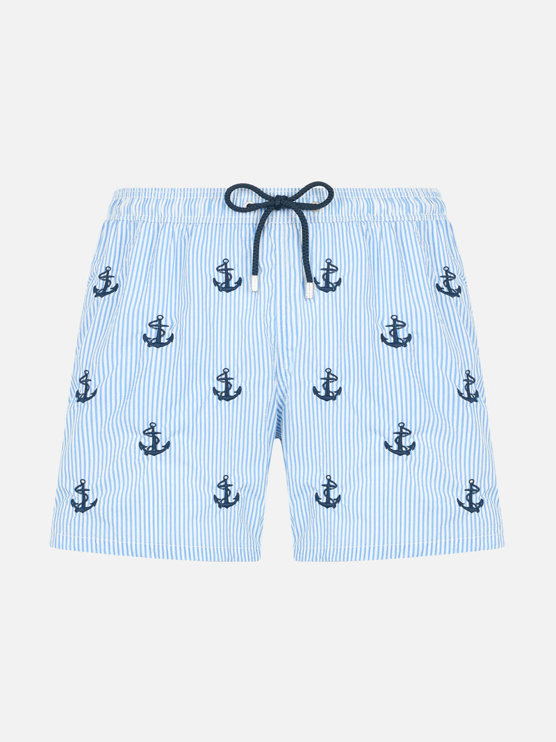 Boy seersucker swim-shorts Jean with anchors embroidery