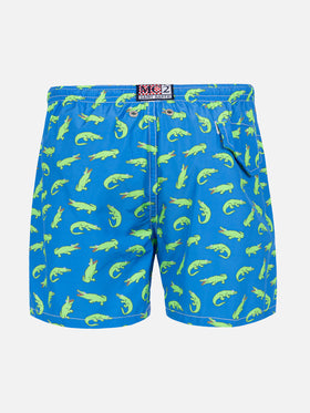 Boy bluette swim shorts with green alligator print - MC2 Saint Barth