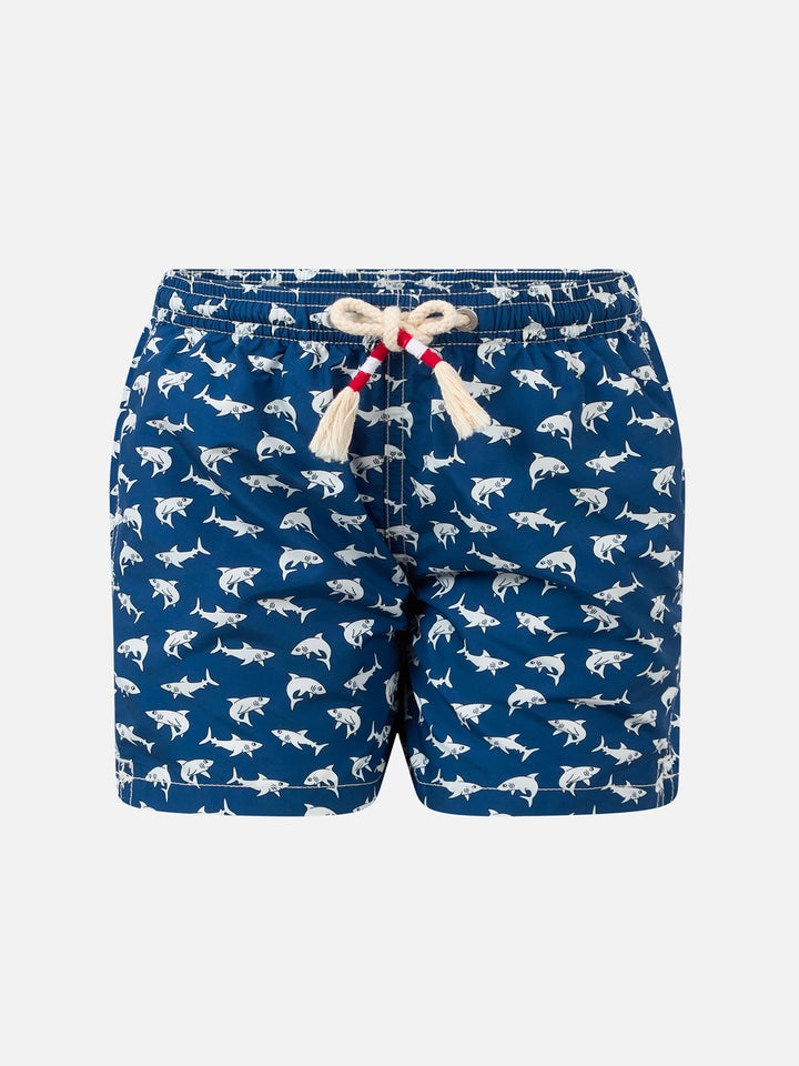 Boy lightweight fabric swim-shorts Jean Lighting 70 with sharks print - MC2 Saint Barth
