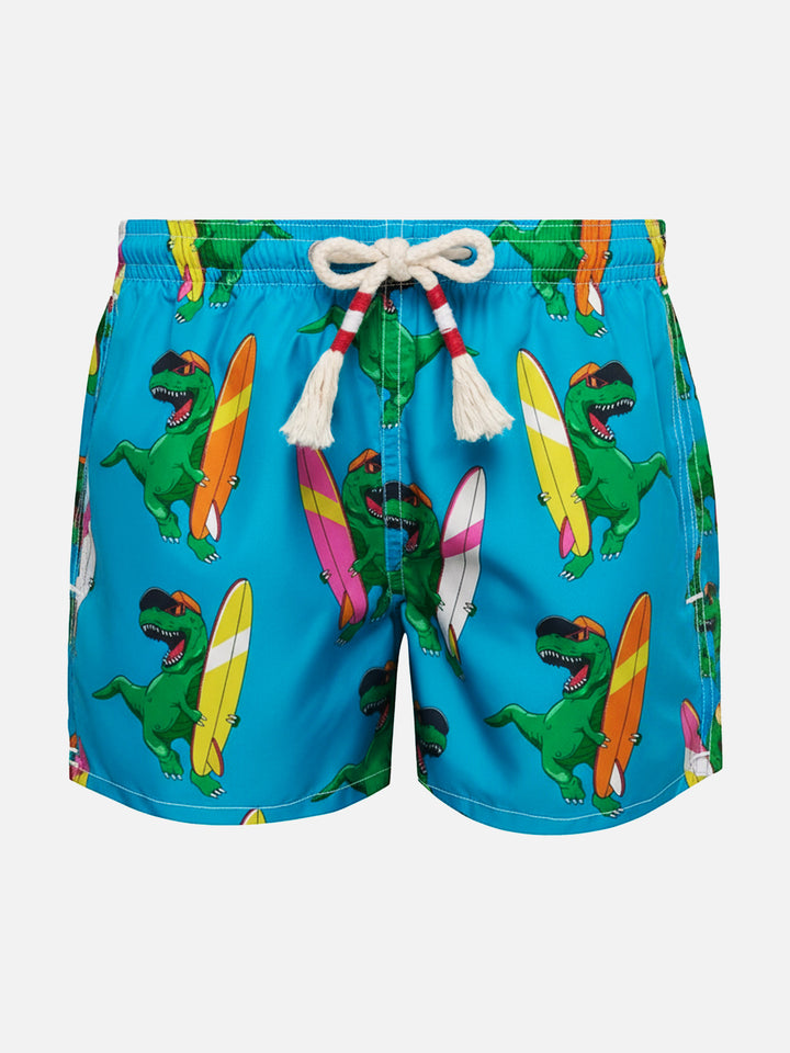 Jeans-Badeshorts in mittlerer Länge mit Dino-Print