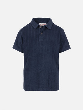 Boy navy blue terry polo shirt Jeremy Jr with striped embossed pattern - MC2 Saint Barth