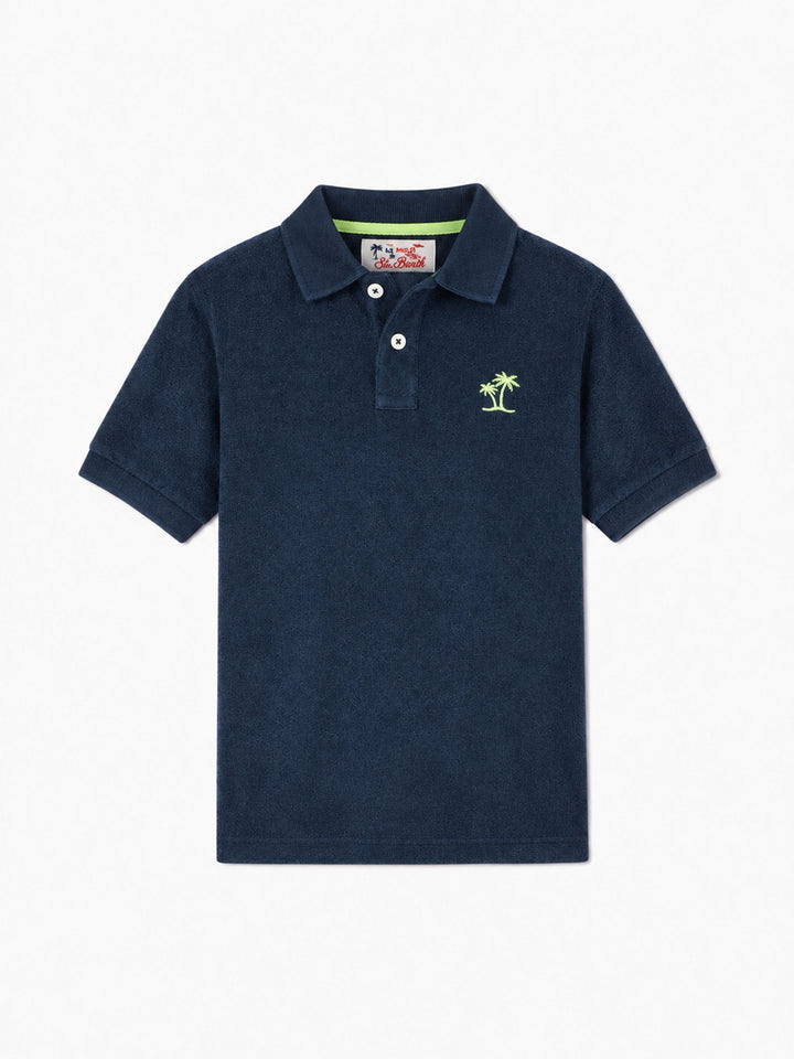 Jungen-Poloshirt aus blauem Frottee mit Palmenstickerei 