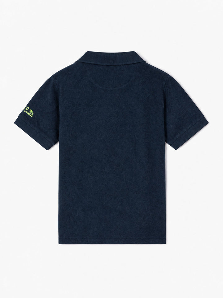 Jungen-Poloshirt aus blauem Frottee mit Palmenstickerei 
