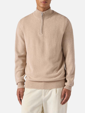 Pullover a mezza zip Jermyn in 100% lambswool beige