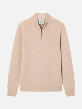 Pull Jermyn à demi-zip en 100 % laine d'agneau beige 