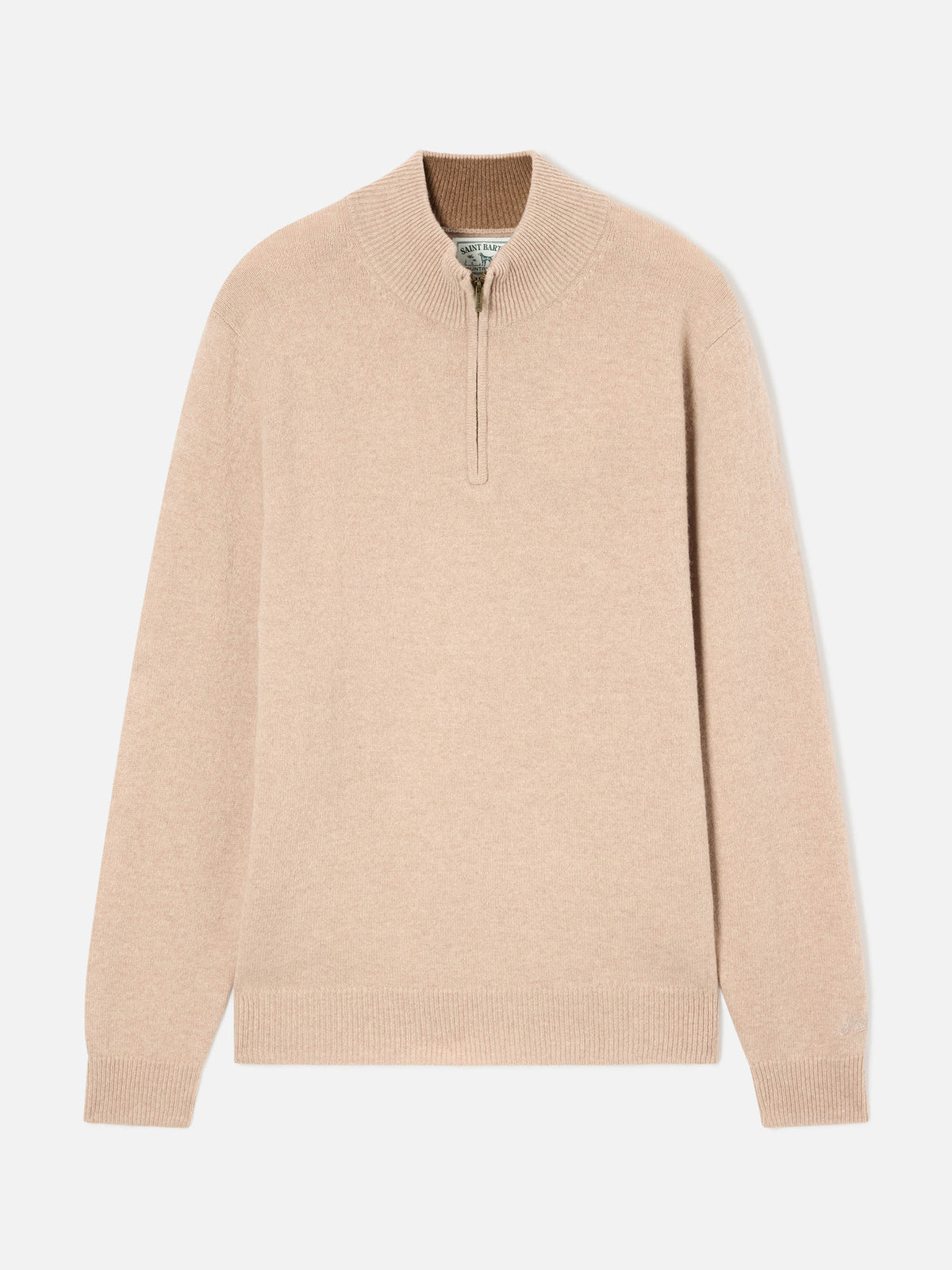 Maglia Jermyn beige in lana d'agnello con mezza zip e collo a contrasto