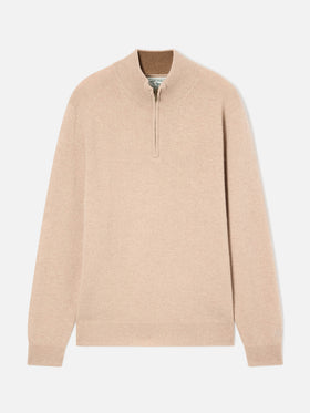 Maglia Jermyn beige in lana d'agnello con mezza zip e collo a contrasto