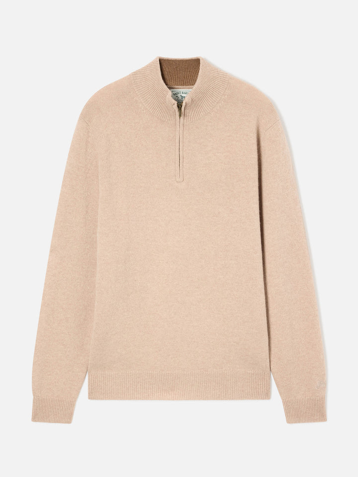 Pull demi-zip en laine d'agneau Jermyn beige avec col contrastant 