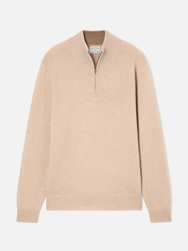 Beiger Jermyn Half-Zip-Strickpullover aus Lambswool mit kontrastierendem Kragen 