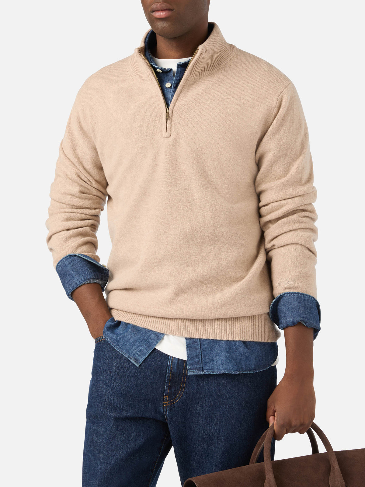 Maglia Jermyn beige in lana d'agnello con mezza zip e collo a contrasto