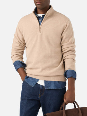 Maglia Jermyn beige in lana d'agnello con mezza zip e collo a contrasto