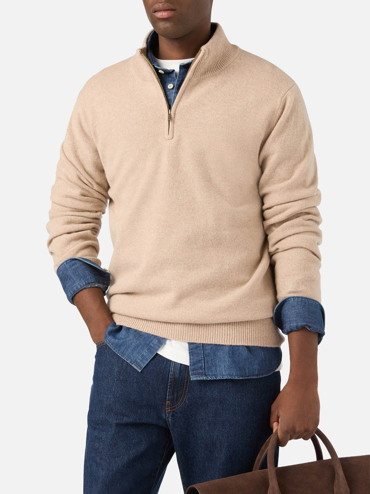 Pull demi-zip en laine d'agneau Jermyn beige avec col contrastant 