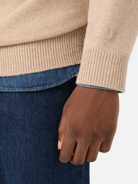 Maglia Jermyn beige in lana d'agnello con mezza zip e collo a contrasto