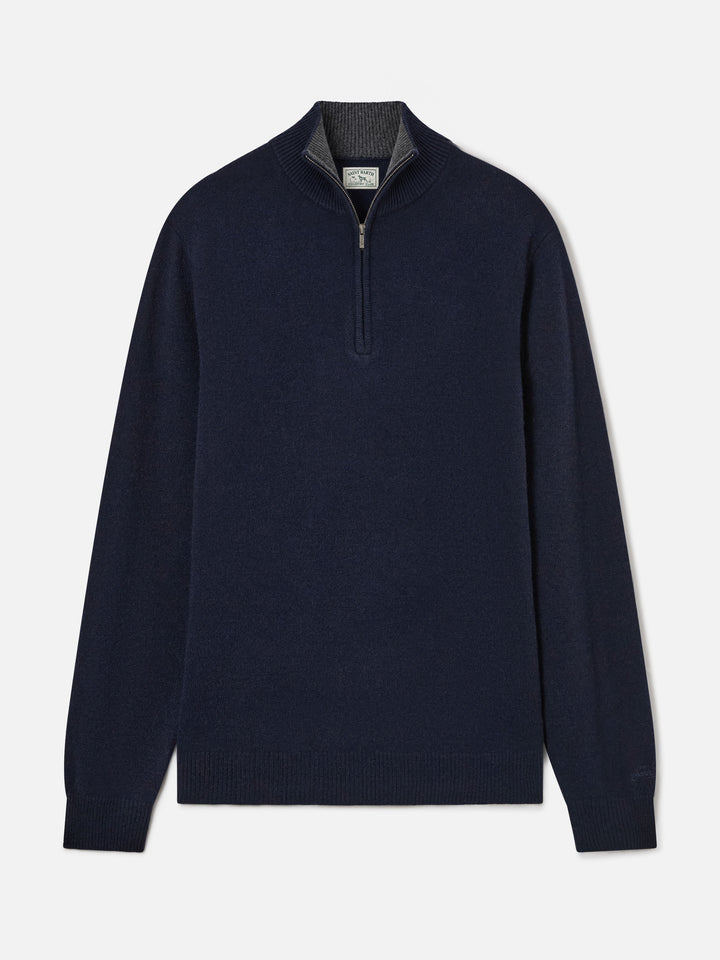 Pull en laine d'agneau Jermyn blue bleu marine à demi-zip avec col contrastant 