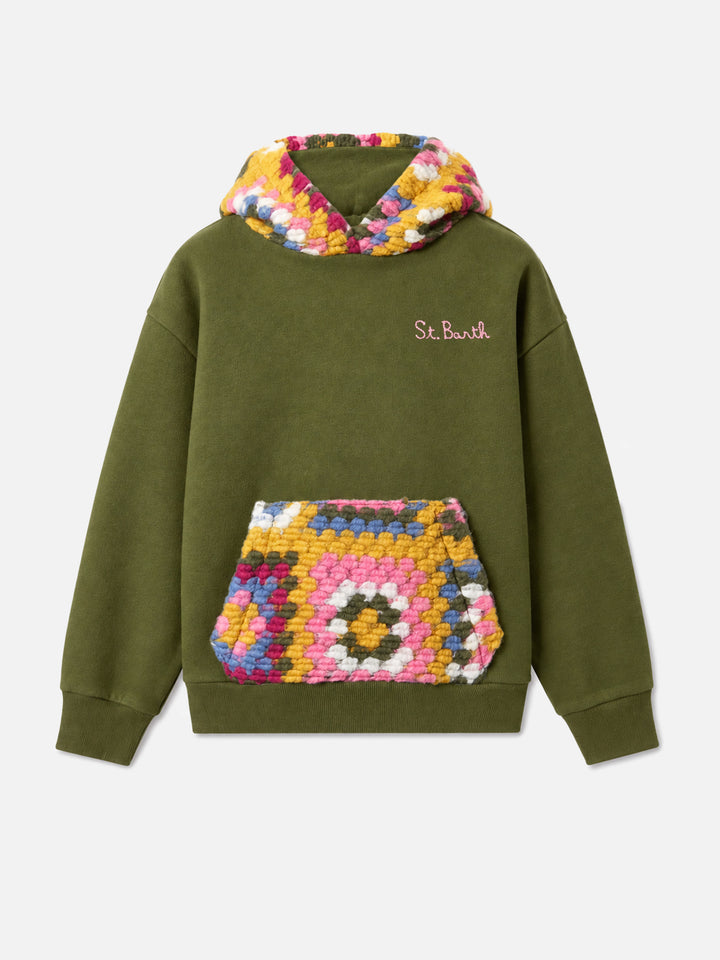 Felpa con cappuccio Jeune Jr verde con motivo crochet