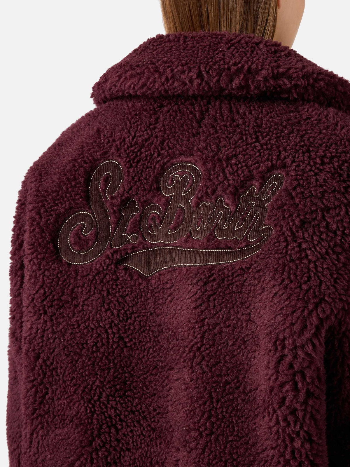 Aubergine Jeanne wool blend teddy jacket with logo patch
