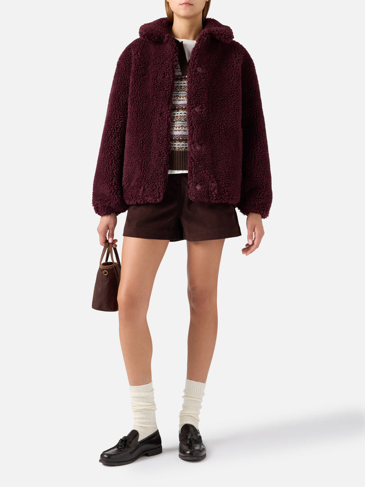 Chaqueta teddy Jeanne en mezcla de lana Aubergine con parche del logo 
