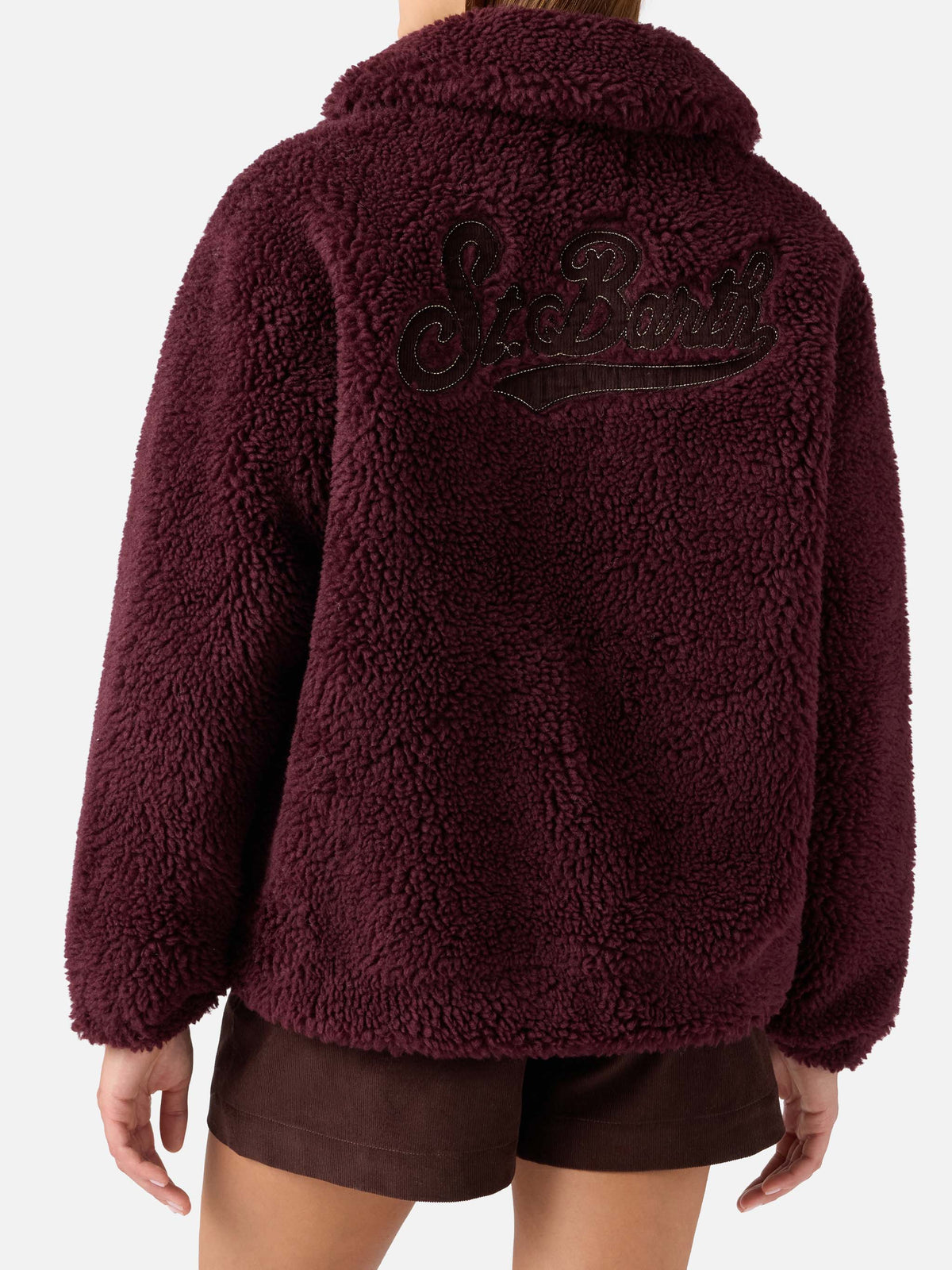 Aubergine Jeanne wool blend teddy jacket with logo patch