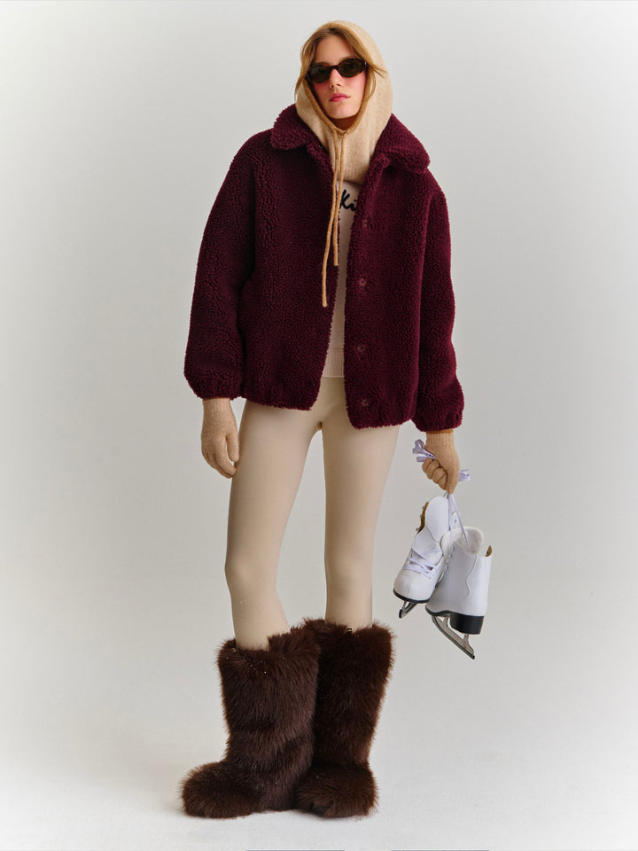 Aubergine Jeanne wool blend teddy jacket with logo patch