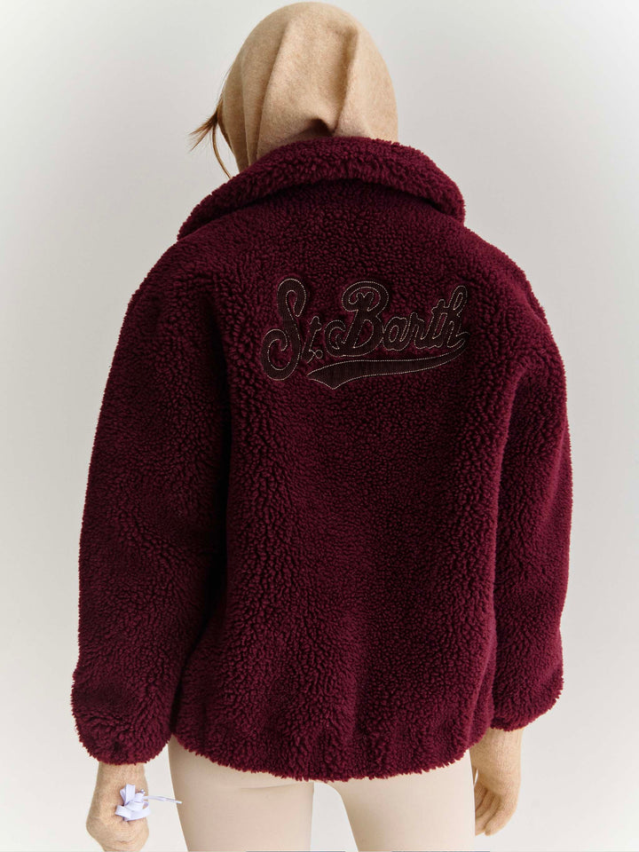 Aubergine Jeanne wool blend teddy jacket with logo patch