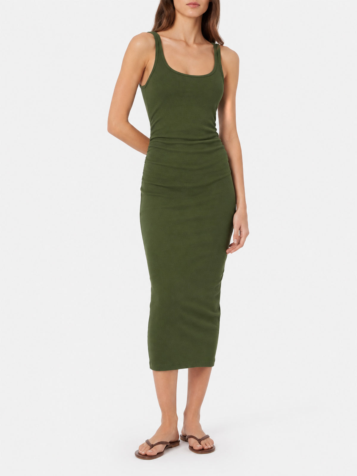 Vestido tank de punto jersey de algodón acanalado verde militar Jennifer 