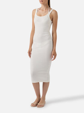 Abito midi Jennifer bianco panna in cotone elasticizzato a costine