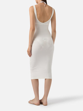 Abito midi Jennifer bianco panna in cotone elasticizzato a costine