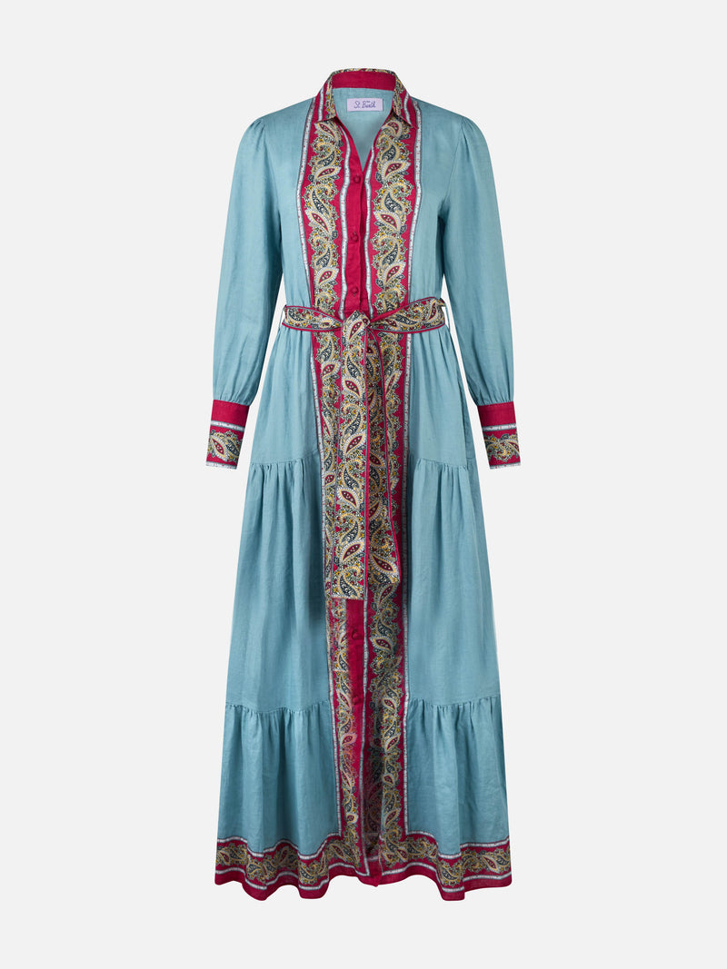 Woman light blue linen dress Jensen with paisley placed print