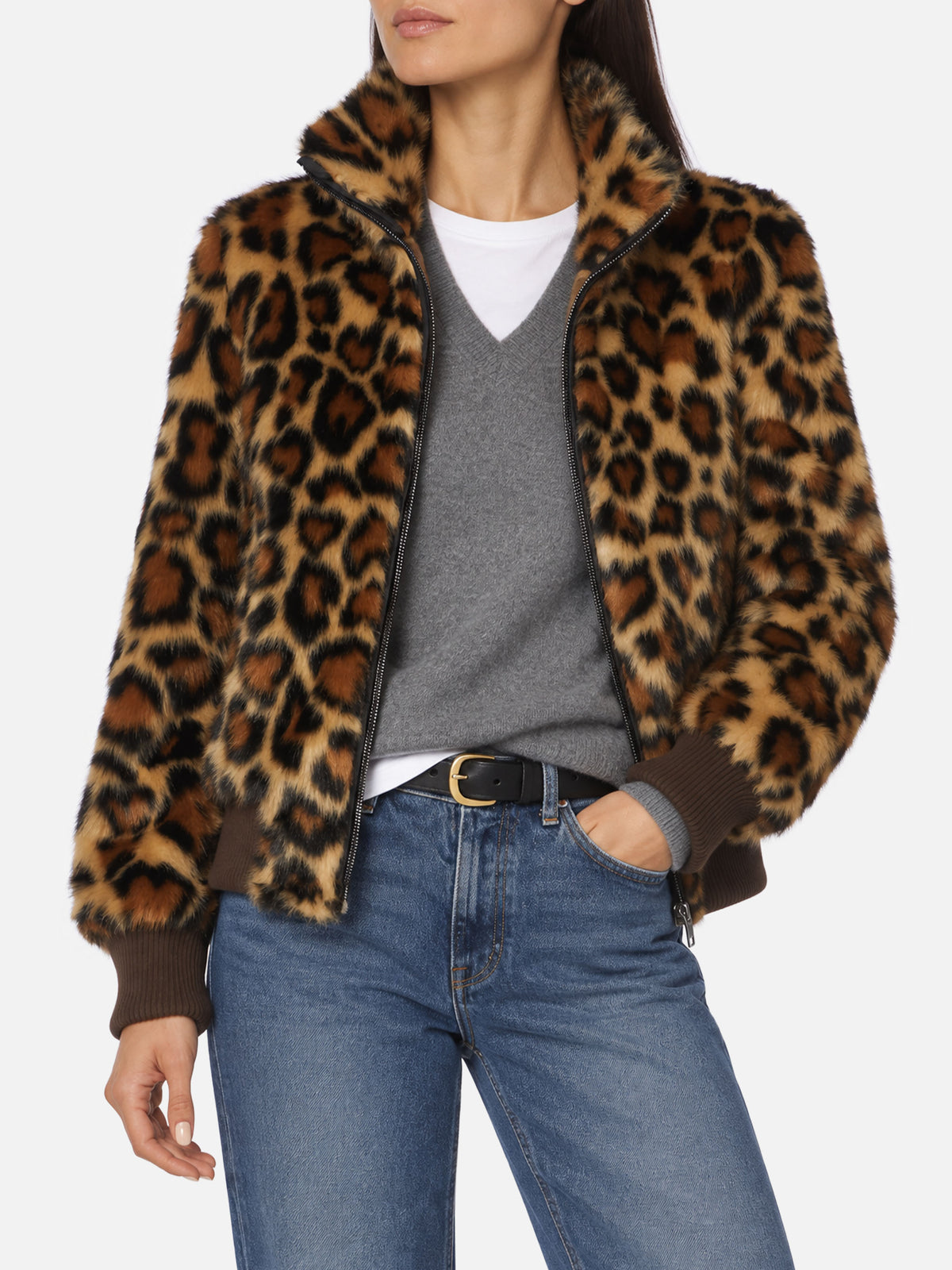 Veste en fausse fourrure marron Janette avec imprimé cœur animalier 