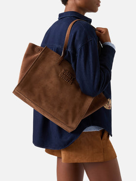 Borsa Large Jour marrone in camoscio con ricamo logo