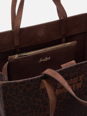 Large Jour denim bag with leopard print and suede handles