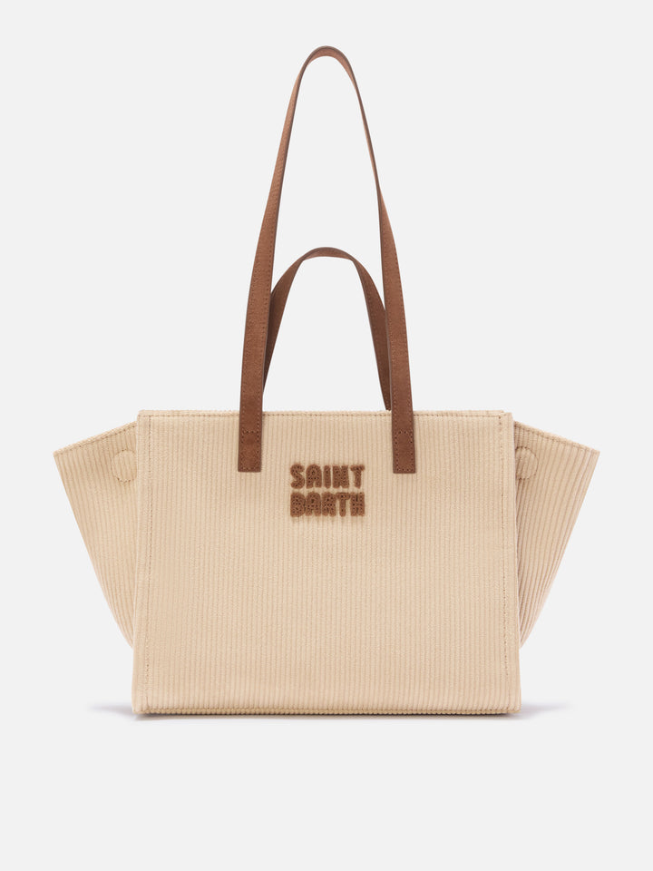 Sac Jour Medium en velours côtelé beige avec poignées en daim 