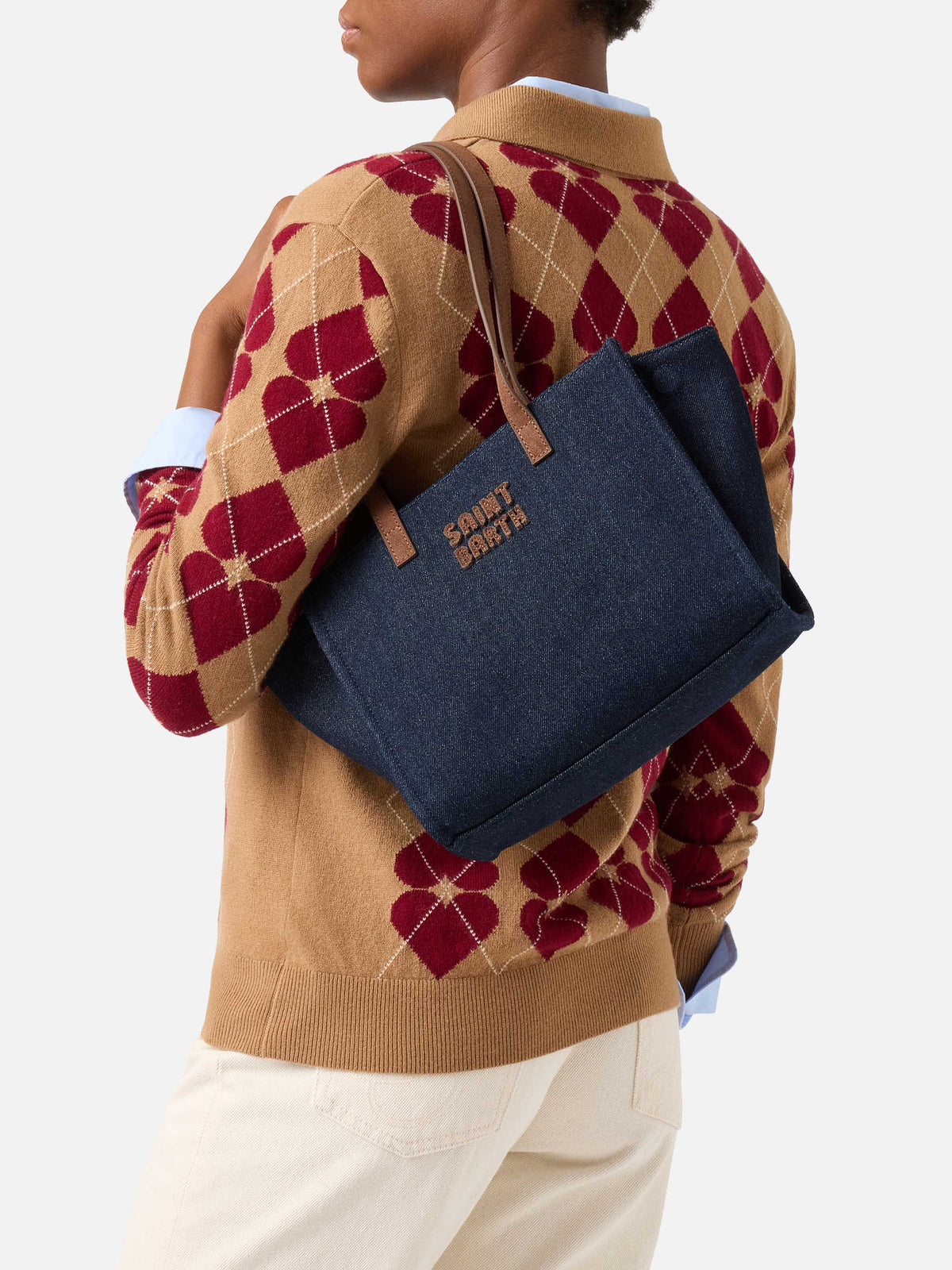 Blue Sac Jour medium en denim avec poignées en daim 
