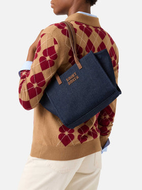 Blue Sac Jour medium en denim avec poignées en daim 