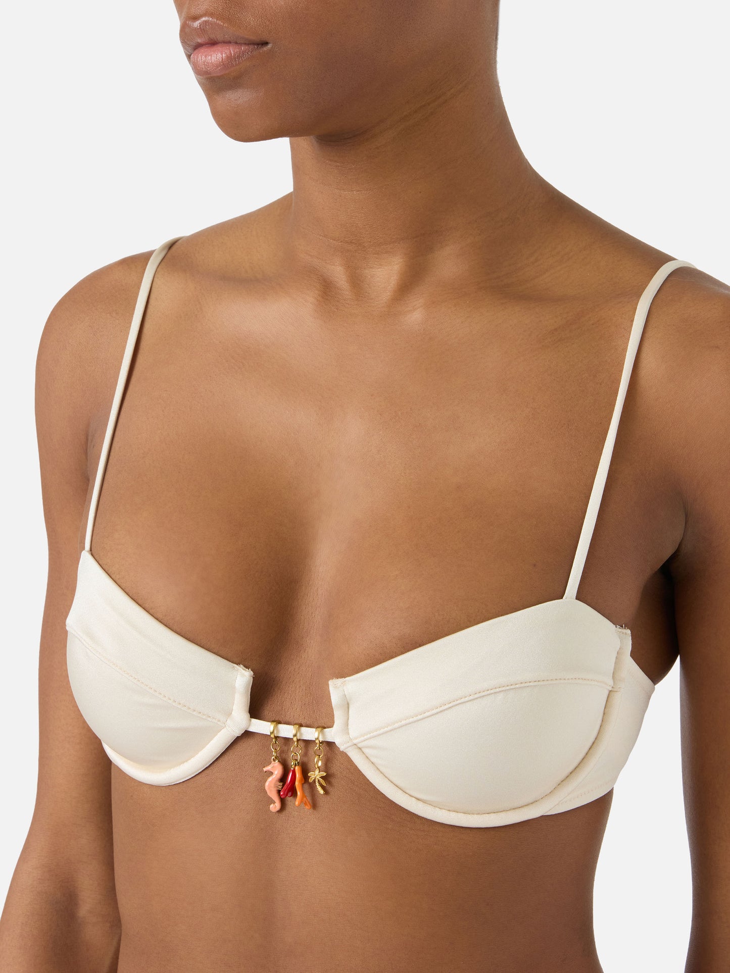 Salina balconette bikini top in beige glossy finish fabric with charms