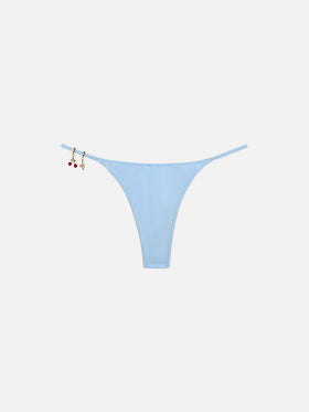 Jodene Tanga-Bikinihose aus hellblauem, glänzendem Stoff mit Charm-Details 