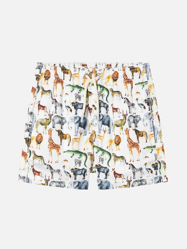 Jungen-Badeshorts aus Baumwolle mit afrikanischem Zoo-Print