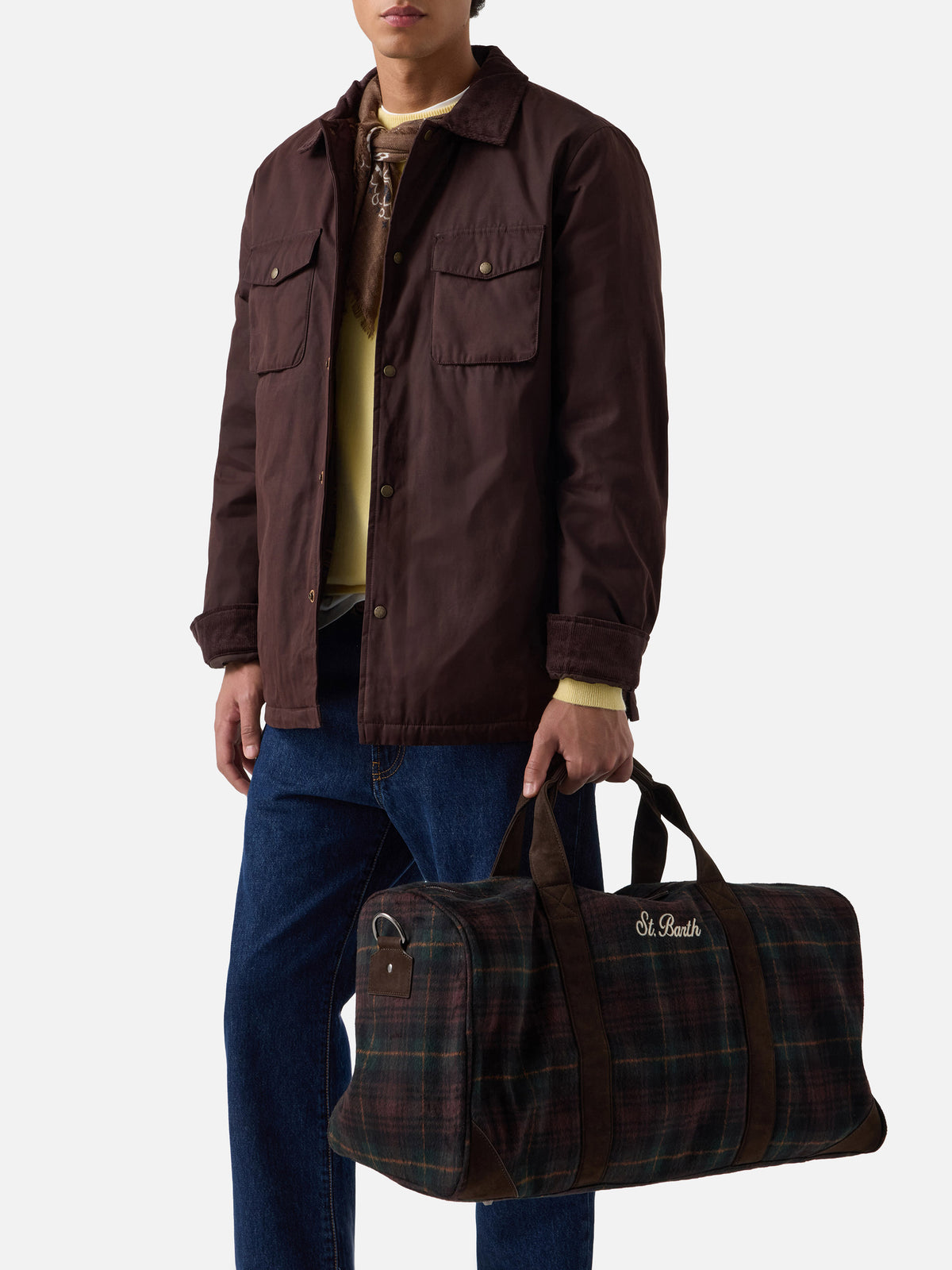 Sac de voyage Jetleg en mélange de laine à motif tartan et finitions en similicuir 