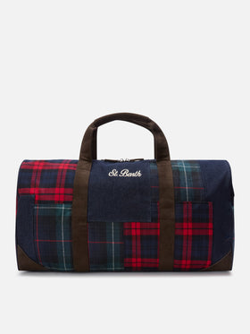Jetleg duffle bag with patchwork denim and tartan and faux leather trims